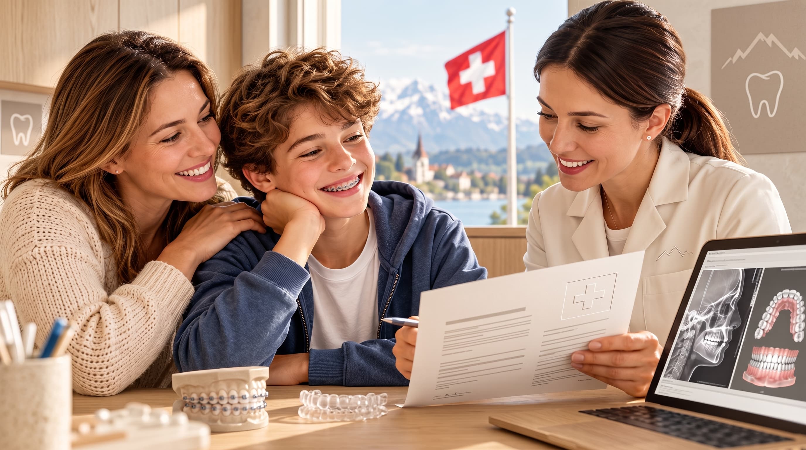 Adolescent portant un appareil dentaire avec sa mère et l'orthodontiste, drapeau suisse en arrière-plan