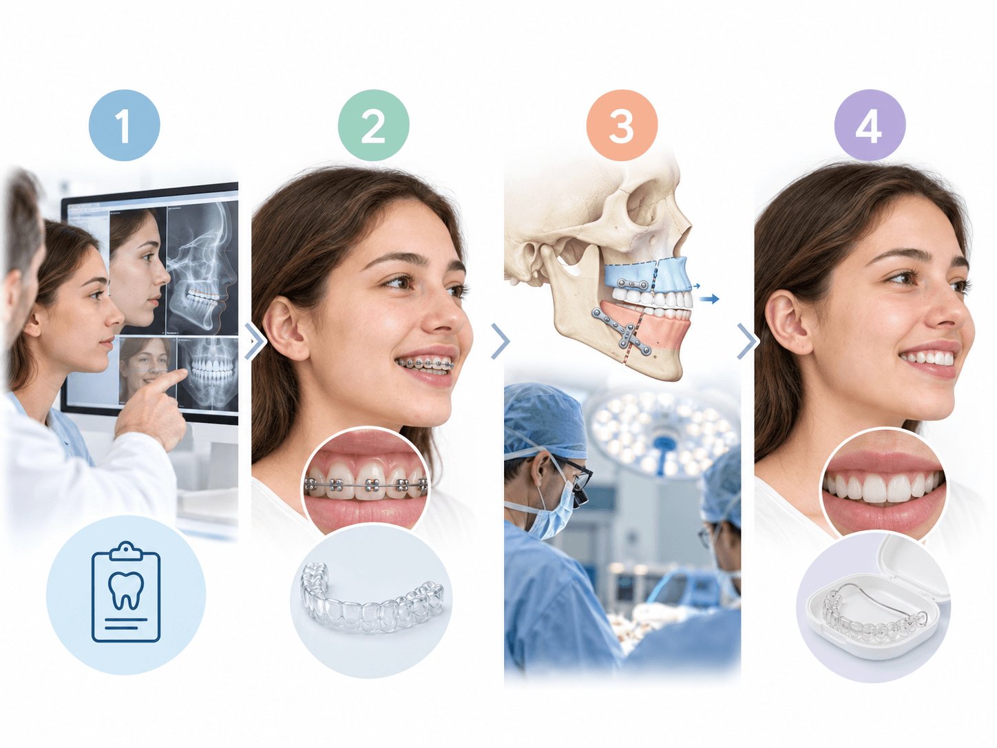 Schéma des étapes d’un traitement orthodontico-chirurgical