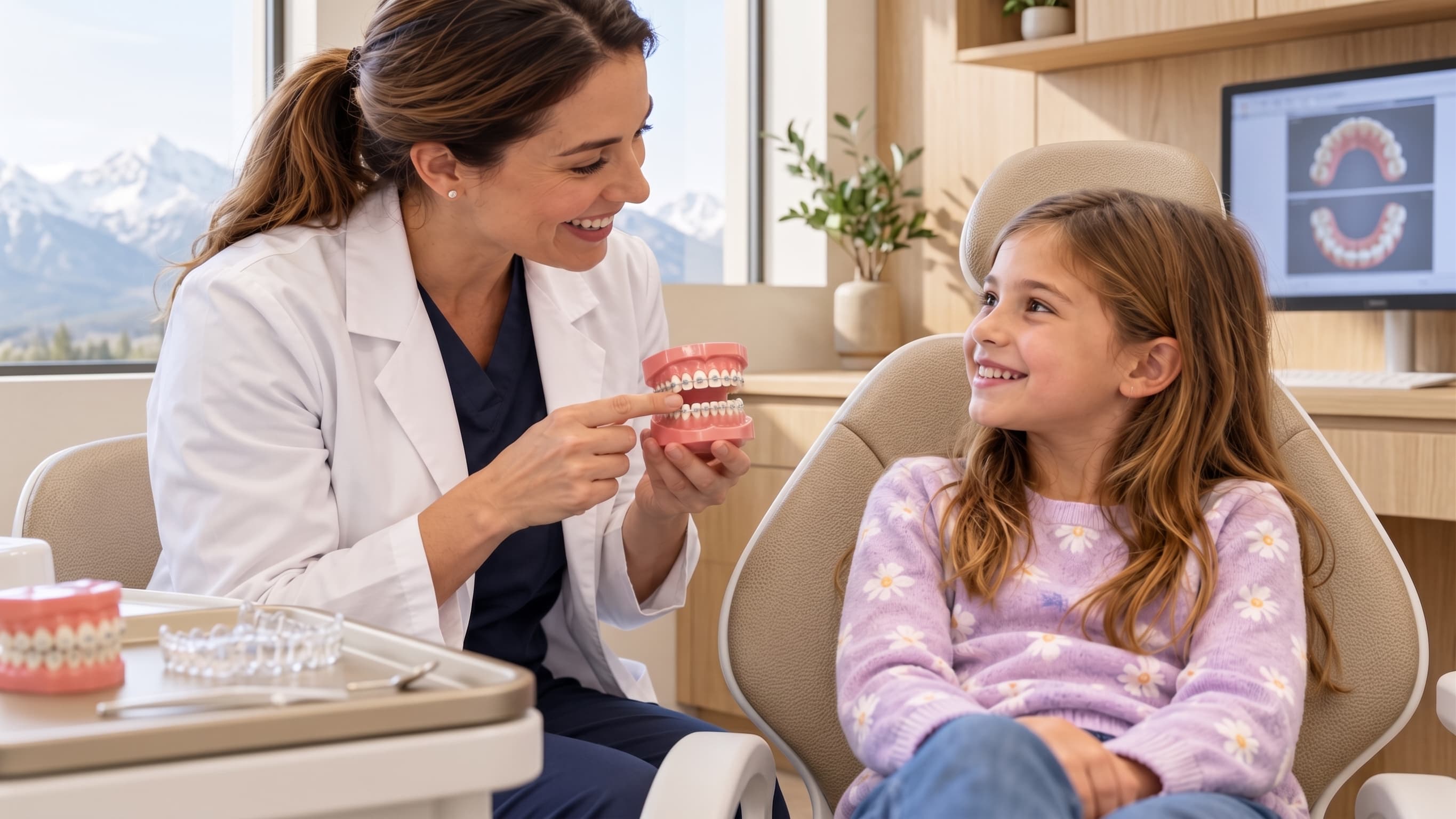 Orthodontiste montrant un modèle dentaire à une jeune patiente