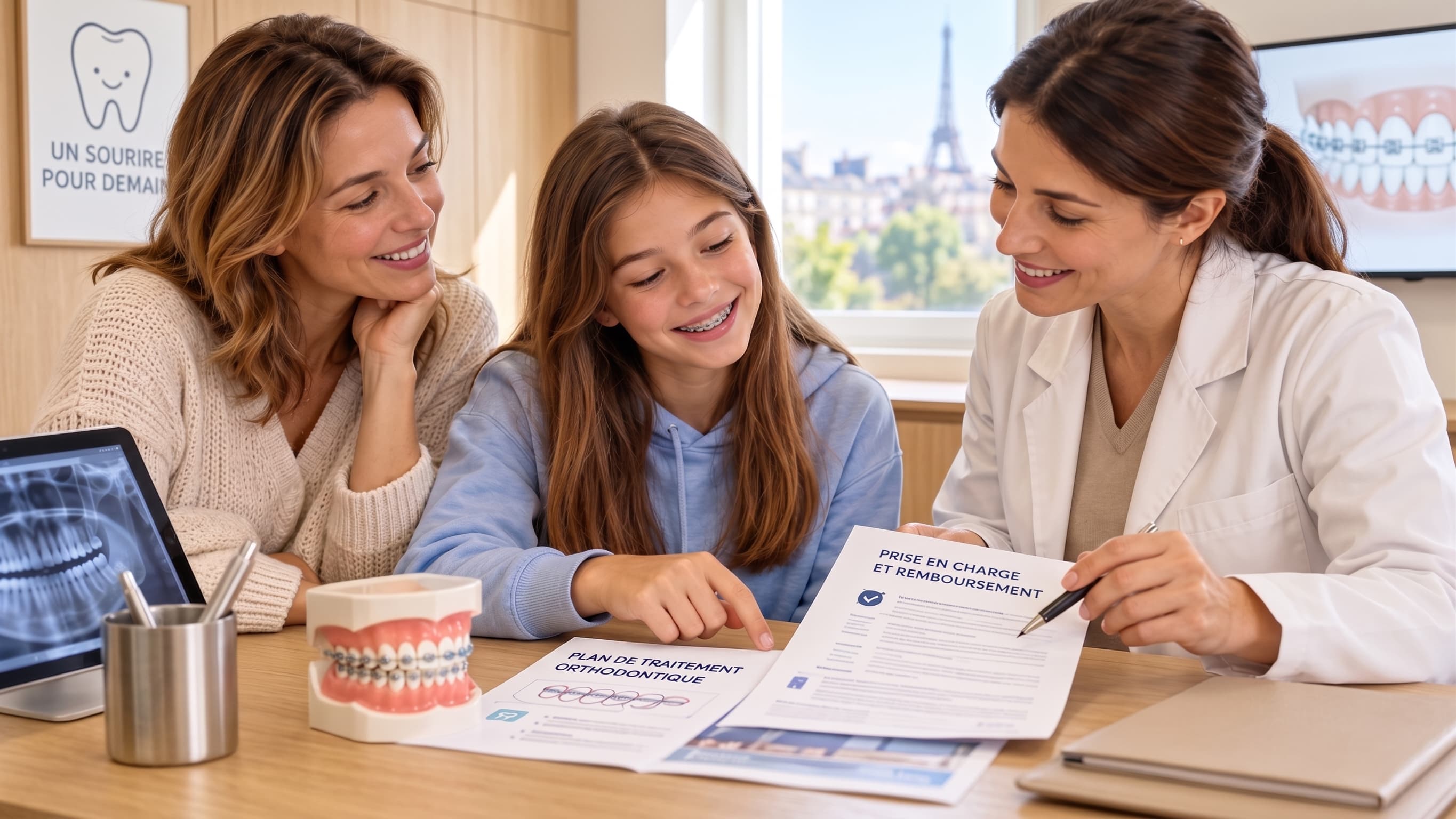 Adolescente et sa mère consultant un document de prise en charge avec l'orthodontiste