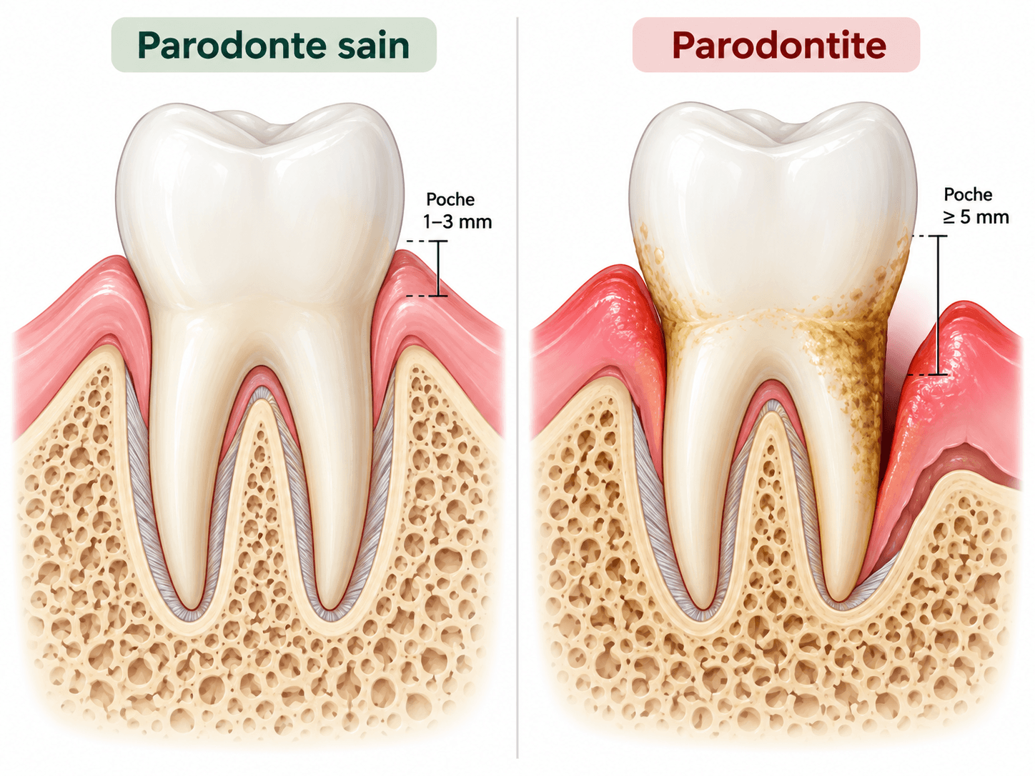 Comparaison entre un parodonte sain et une parodontite