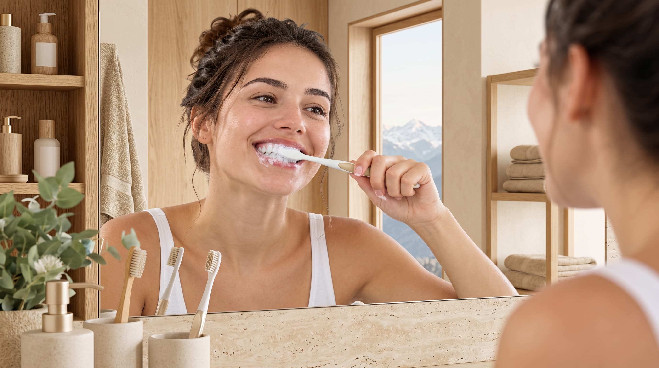 Femme se brossant les dents devant le miroir