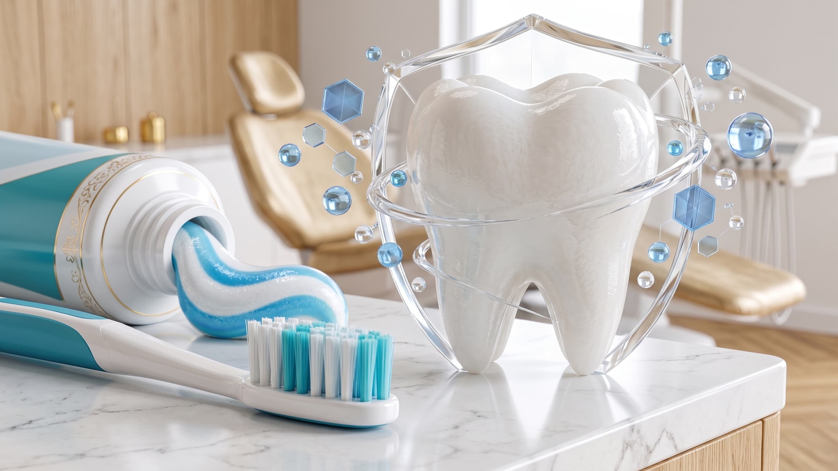 Tube de dentifrice, brosse à dents et modèle de dent protégée par le fluor